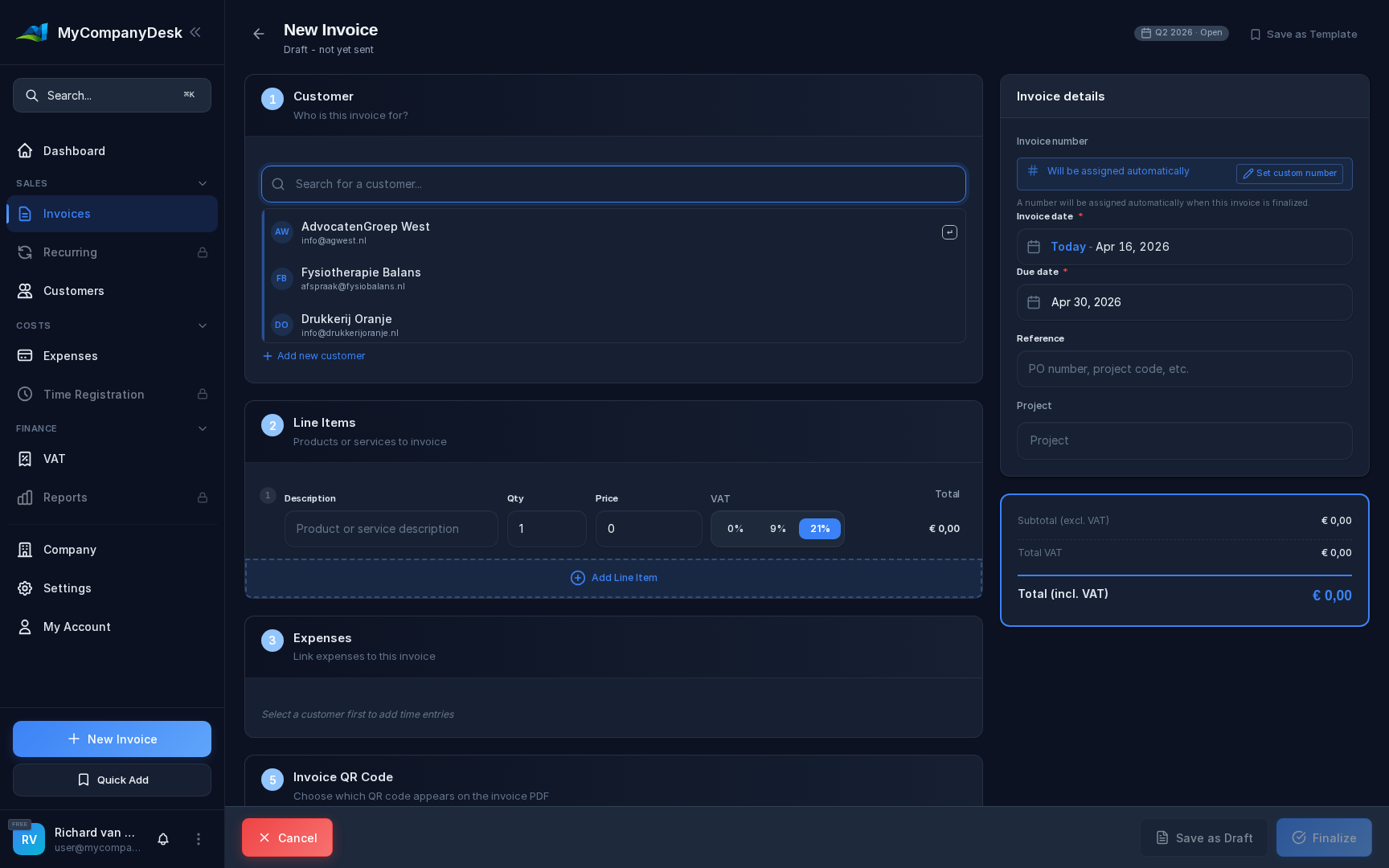 Invoice creation interface showing professional invoice template